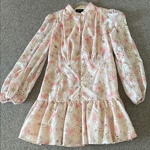 EUC Bardot Floral Eyelet Puff Sleeve Mini Dress - Soft Pink & Cream Sz L 6 or 8
